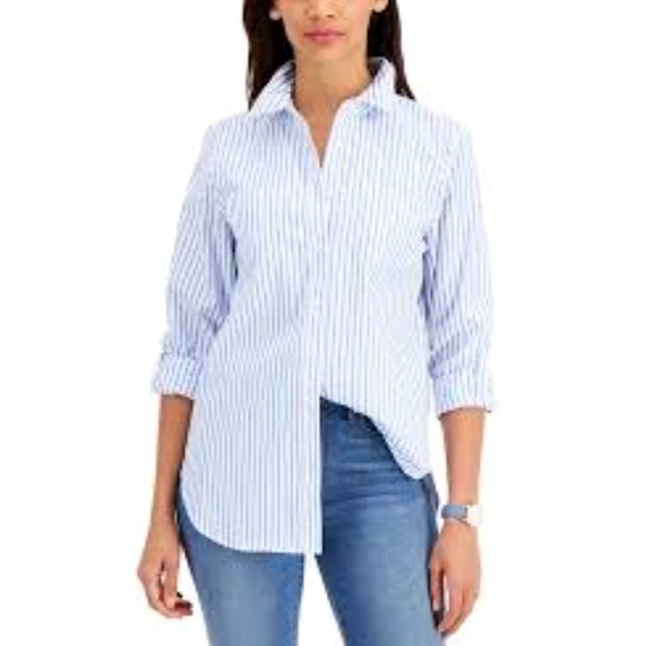 Tommy Hilfiger Tops - Tommy Hilfiger Womens 10 Blue White Pinstripe Cotton Button Down Shirt